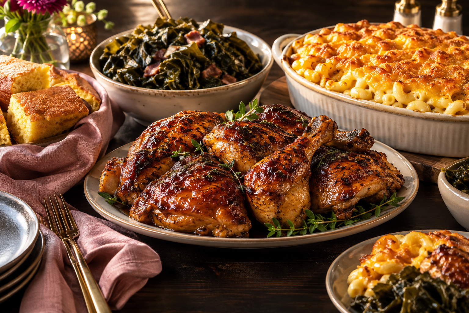 A soul food spread of roast chicken, macaroni and cheese, greens, and cornbread