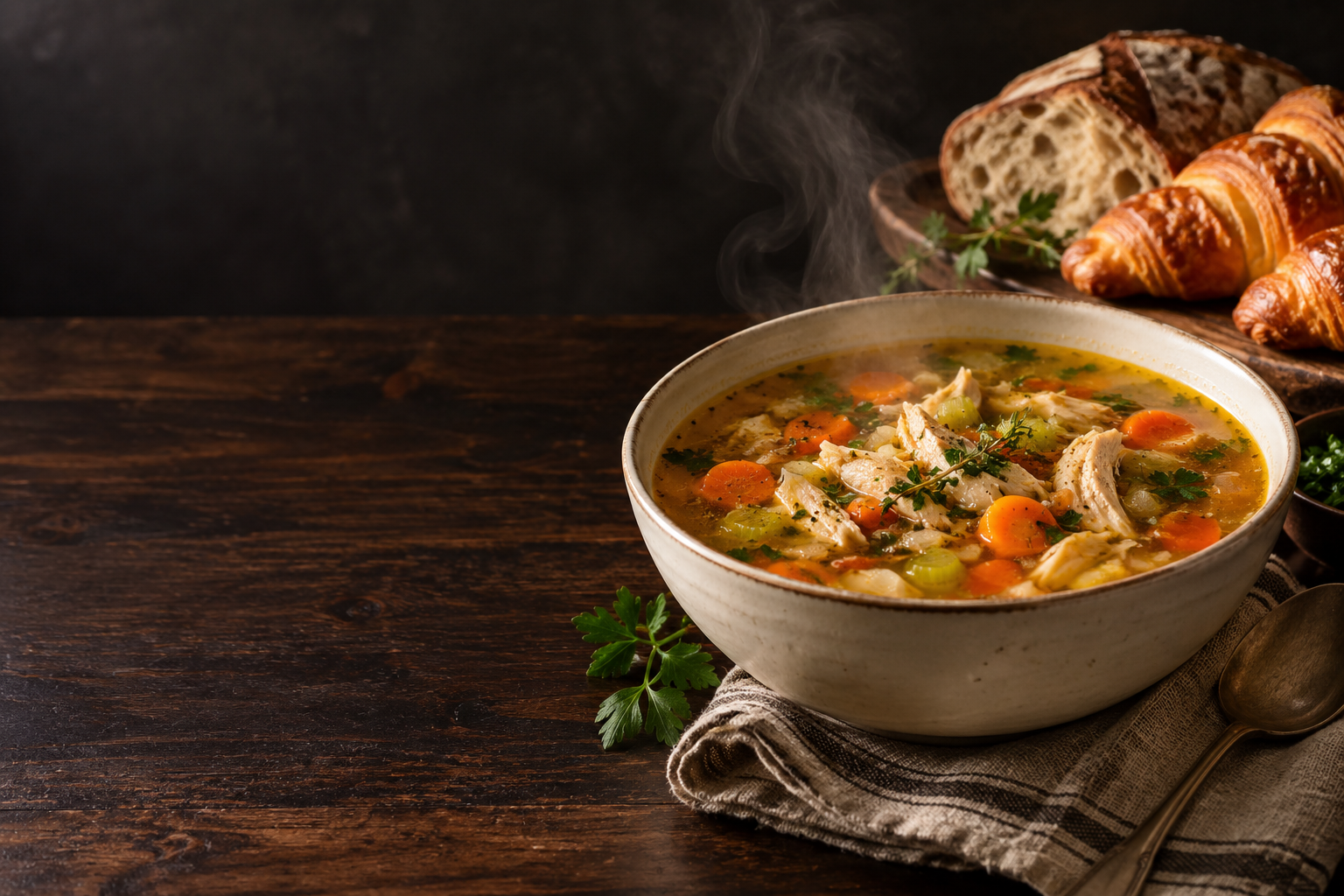 A warm bowl of herb-filled soup with artisan bread